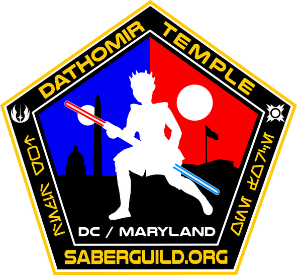 A gender-ambiguous silhouetted figure in white holds two connected lightsabers in front of them in front of a background of a red and blue sky with Maryland/DC landmarks and two moons.