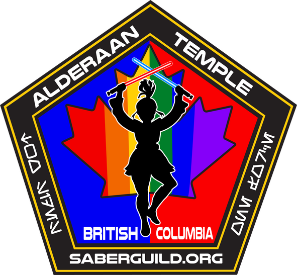 A gender-ambiguous silhouetted figure in black holds two crossed lightsabers over their head in front of a background of a rainbow maple leaf.