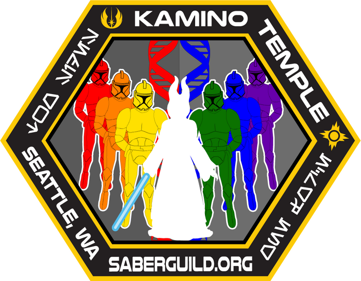 Jedi master silhouetted in white with rainbow clone soldiers arrayed behind her on a background of red and blue with a double helix on a hexagonal shape. Text reads "Kamino Temple, Two Sides, One Force, Seattle, WA, SaberGuild.Org