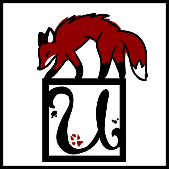 A red fox on top of a black box with the letter U flourished within.